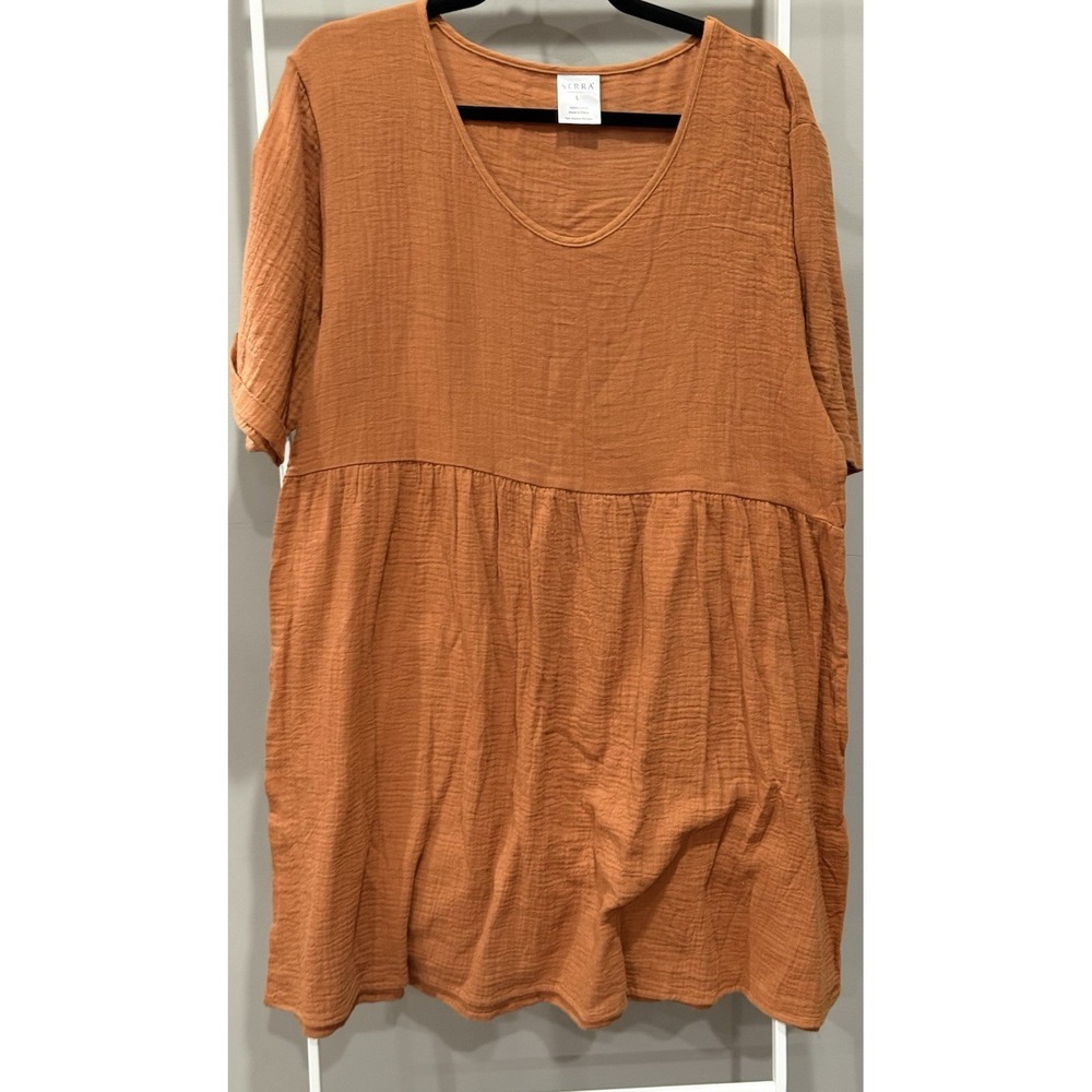Serra Orange Solid Scoop Neck Boho Cottagecore Knee Dress 100% Cotton L